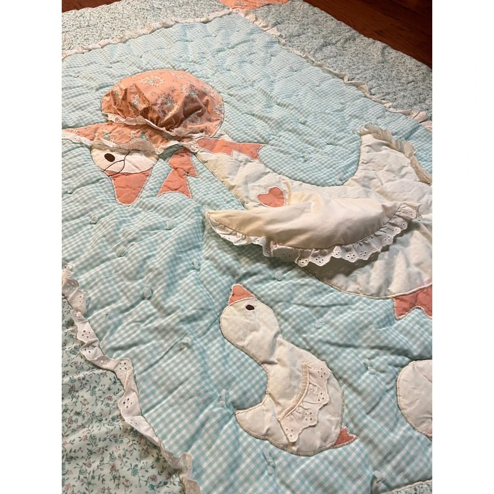 Vintage Mother Goose Baby Quilt Duck Gingham Lace Handmade Cottagecore Granny
